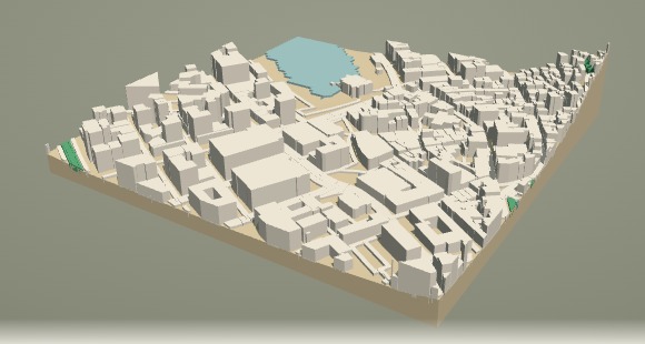 A GeoFilament model of central Bergen: white buildings and sand-coloured streets on a terrain plate, with the blue harbour cut into it.