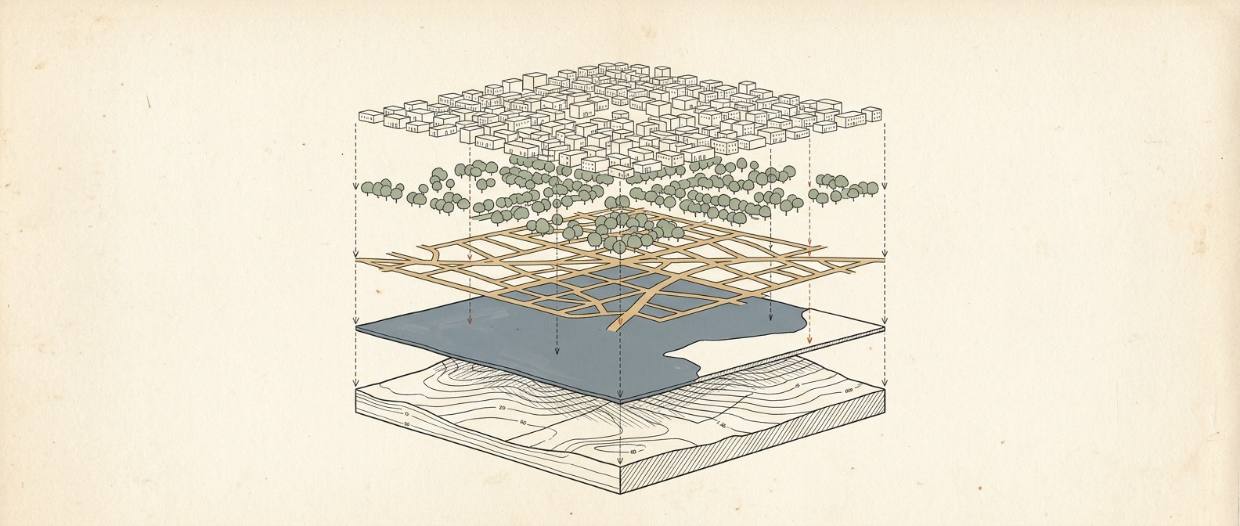 Illustration: a city model drawn exploded into its layers — contoured terrain at the bottom, then water, streets, woodland and buildings floating above it, linked by dashed leader lines.