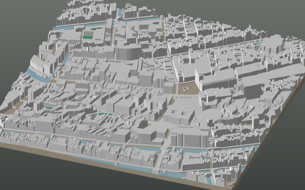 A 3D-printable model plate of Amsterdam — Burgwallen-Oude Zijde — with its buildings, streets, water and terrain.