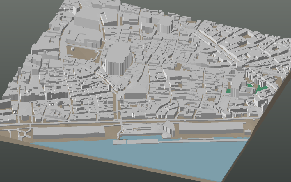 A 3D-printable model plate of Antwerp — Historisch Centrum — with its buildings, streets, water and terrain.