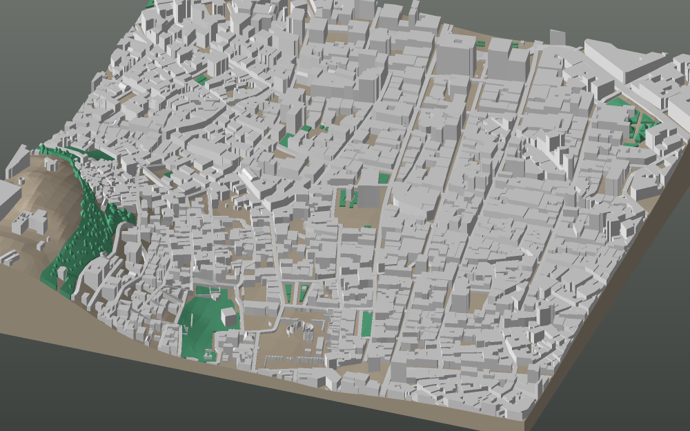 A 3D-printable model plate of Athens — Plaka, under the Acropolis — with its buildings, streets, water and terrain.