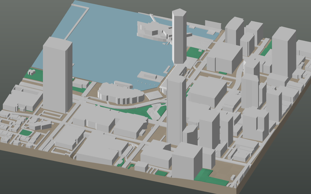 A 3D-printable model plate of Baltimore — Inner Harbor — with its buildings, streets, water and terrain.