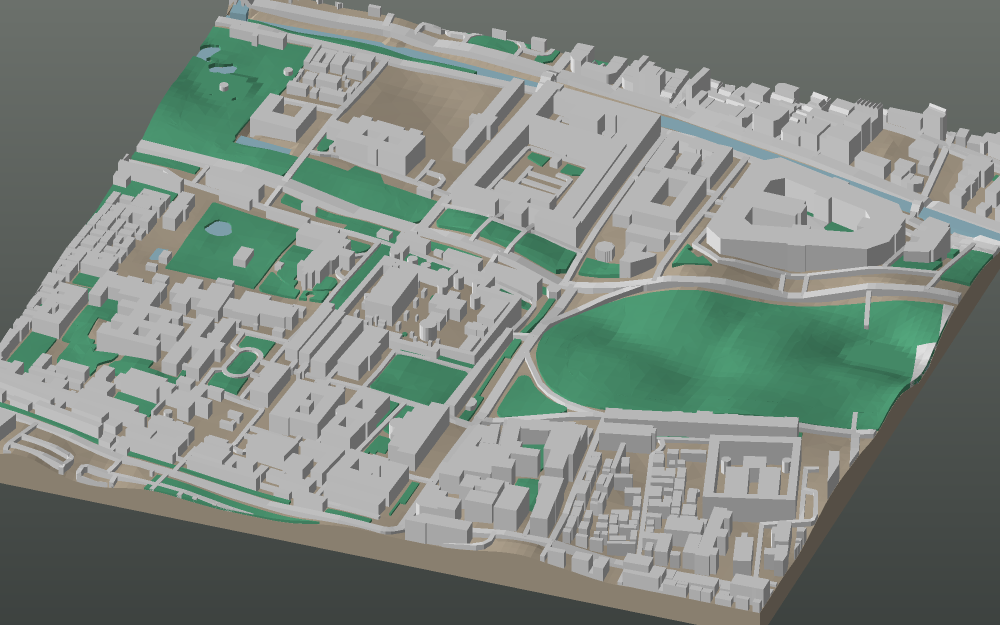 A 3D-printable model plate of Bangkok — Phra Nakhon, the Grand Palace — with its buildings, streets, water and terrain.