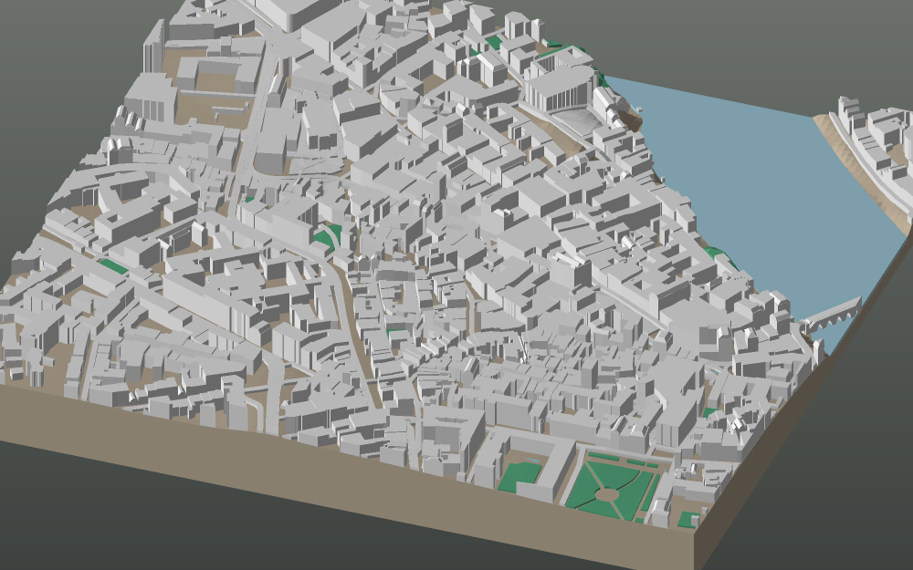 A 3D-printable model plate of Basel — Altstadt — with its buildings, streets, water and terrain.