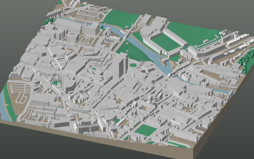 A 3D-printable model plate of Bath — City Centre — with its buildings, streets, water and terrain.