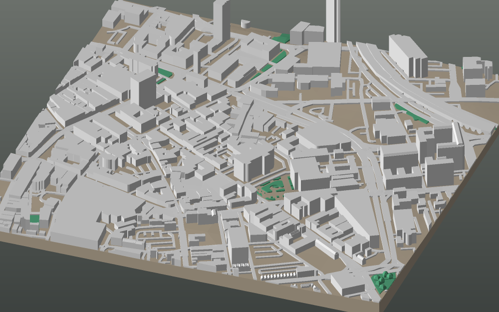 A 3D-printable model plate of Belfast — Cathedral Quarter — with its buildings, streets, water and terrain.