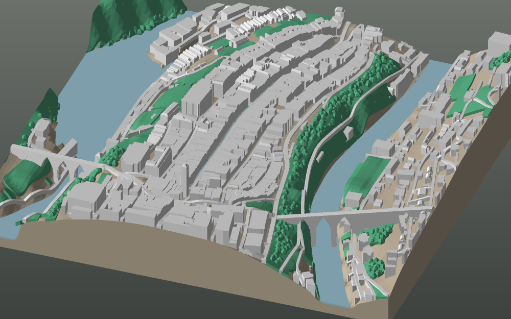 A 3D-printable model plate of Bern — Altstadt — with its buildings, streets, water and terrain.