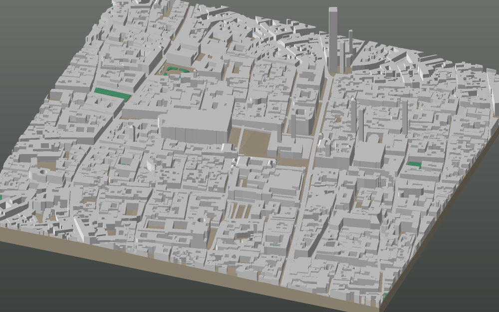 A 3D-printable model plate of Bologna — Centro Storico — with its buildings, streets, water and terrain.