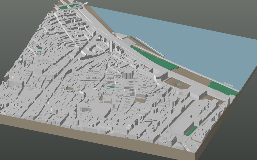 A 3D-printable model plate of Bordeaux — Centre Ville — with its buildings, streets, water and terrain.