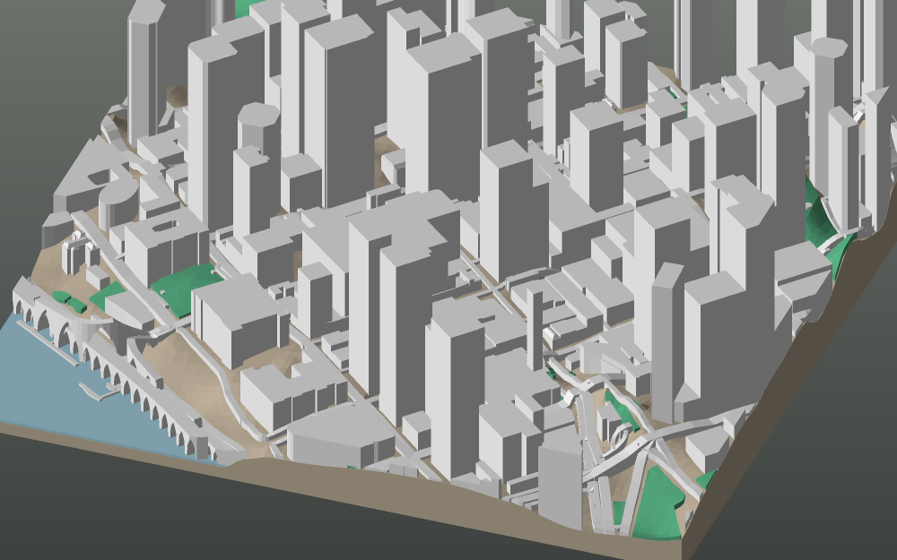 A 3D-printable model plate of Brisbane — the CBD — with its buildings, streets, water and terrain.