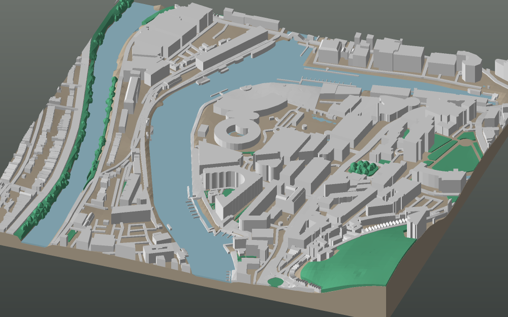 A 3D-printable model plate of Bristol — Harbourside — with its buildings, streets, water and terrain.