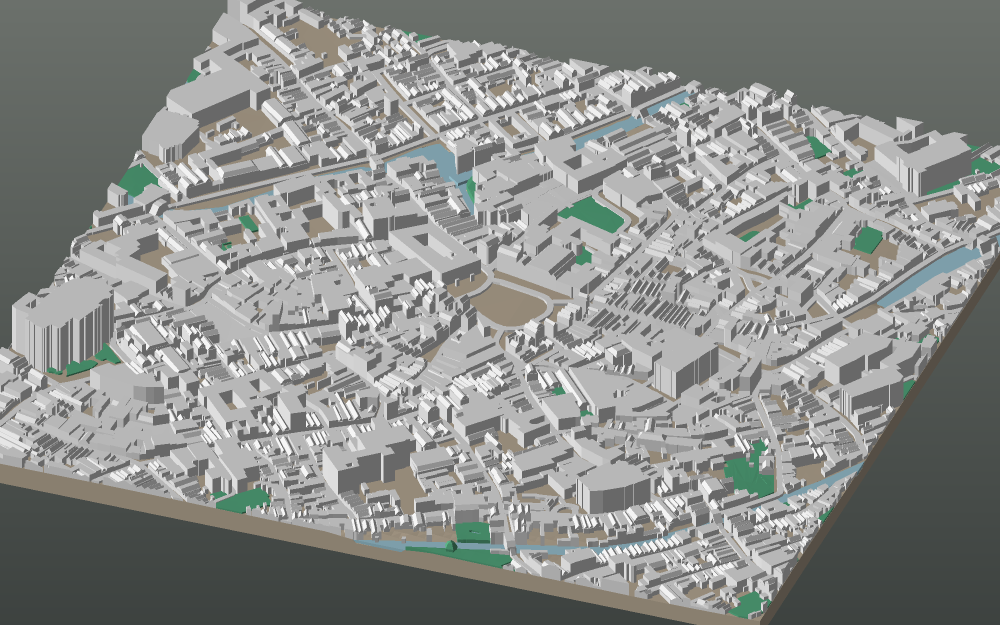A 3D-printable model plate of Bruges — Historic Centre — with its buildings, streets, water and terrain.