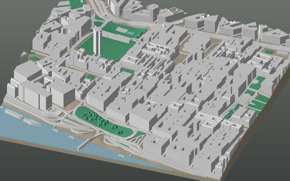A 3D-printable model plate of Budapest — Belváros — with its buildings, streets, water and terrain.
