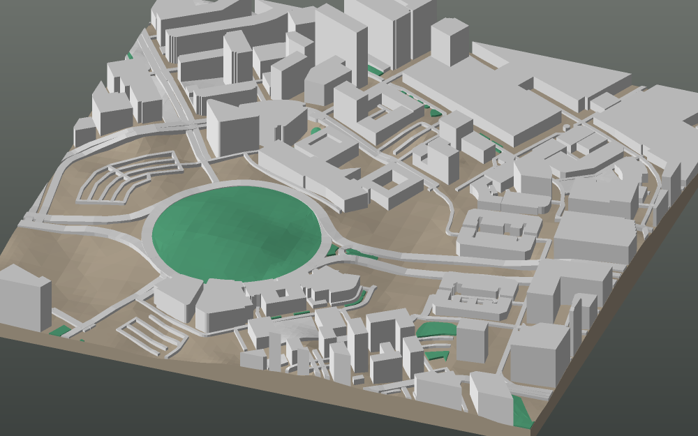 A 3D-printable model plate of Canberra — Civic, the city centre — with its buildings, streets, water and terrain.
