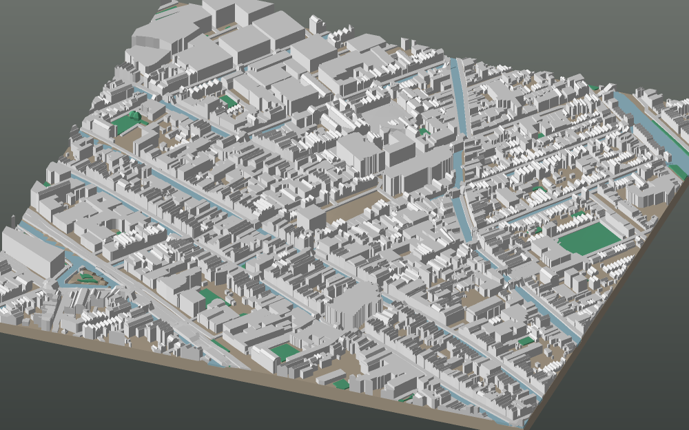 A 3D-printable model plate of Delft — Binnenstad — with its buildings, streets, water and terrain.