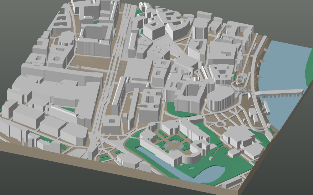 A 3D-printable model plate of Dresden — Innere Altstadt — with its buildings, streets, water and terrain.