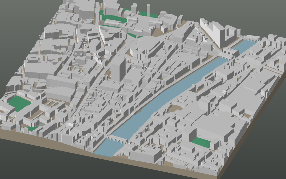 A 3D-printable model plate of Dublin — Temple Bar — with its buildings, streets, water and terrain.