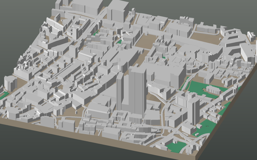 A 3D-printable model plate of Frankfurt — Innenstadt — with its buildings, streets, water and terrain.