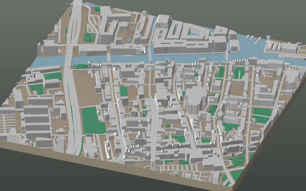 A 3D-printable model plate of Gdańsk — Główne Miasto — with its buildings, streets, water and terrain.