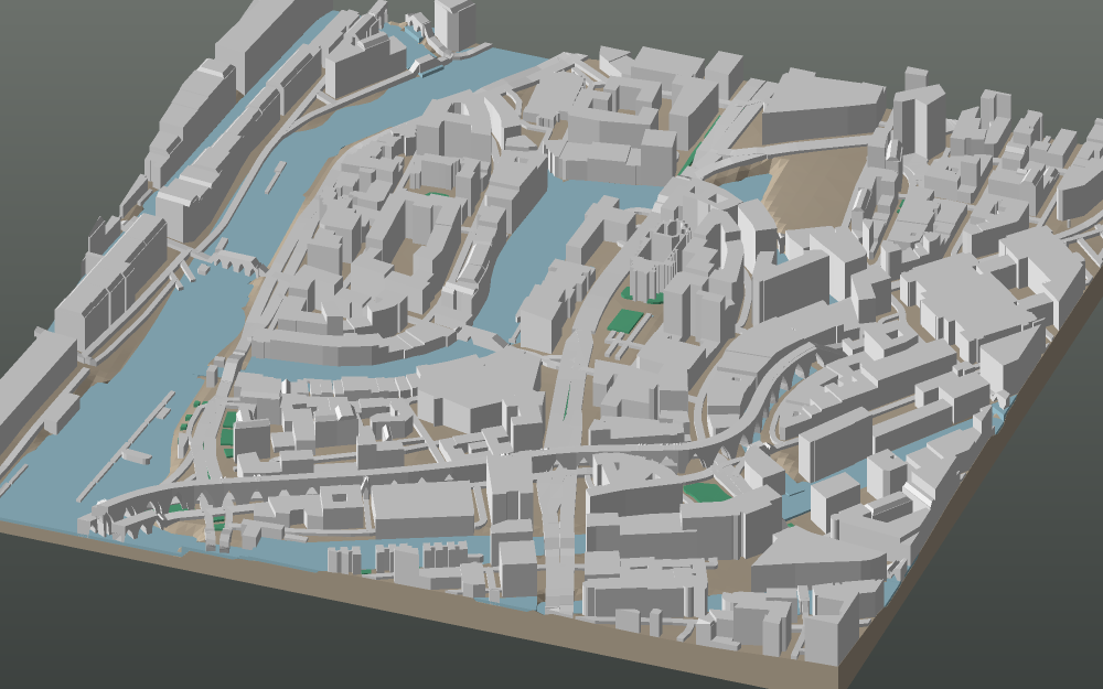 A 3D-printable model plate of Hamburg — Altstadt — with its buildings, streets, water and terrain.