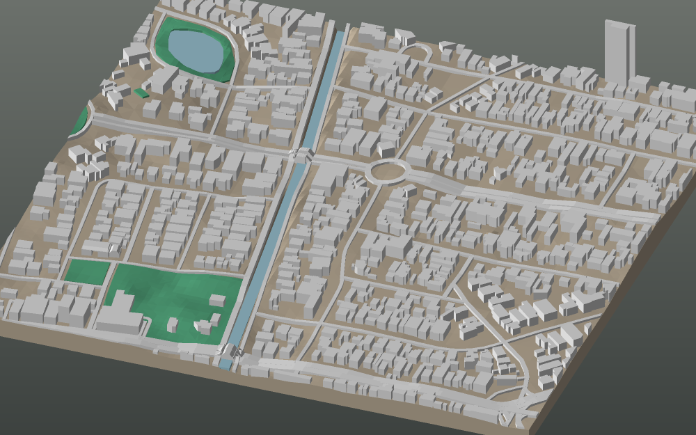 A 3D-printable model plate of Jakarta — Menteng — with its buildings, streets, water and terrain.