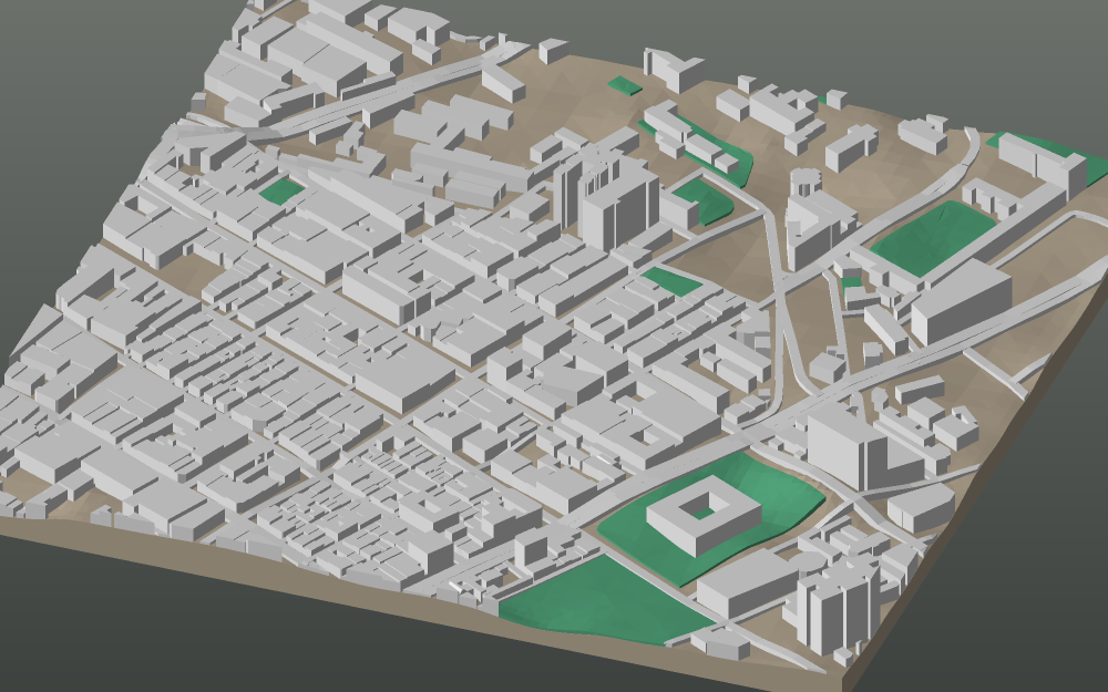 A 3D-printable model plate of Karachi — Saddar — with its buildings, streets, water and terrain.
