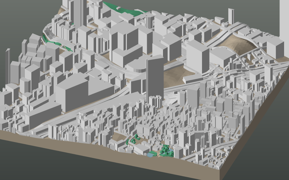 A 3D-printable model plate of Kobe — Sannomiya — with its buildings, streets, water and terrain.
