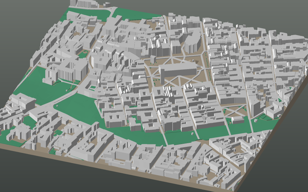 A 3D-printable model plate of Kraków — Stare Miasto — with its buildings, streets, water and terrain.