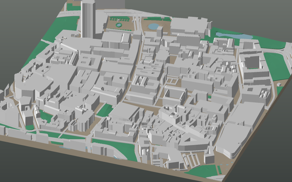 A 3D-printable model plate of Leipzig — Zentrum — with its buildings, streets, water and terrain.