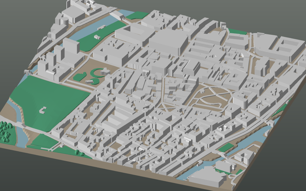A 3D-printable model plate of Malmö — Gamla Staden — with its buildings, streets, water and terrain.