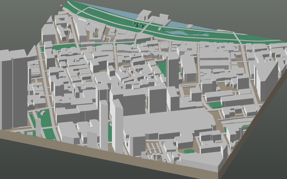A 3D-printable model plate of Montreal — Vieux-Montréal — with its buildings, streets, water and terrain.