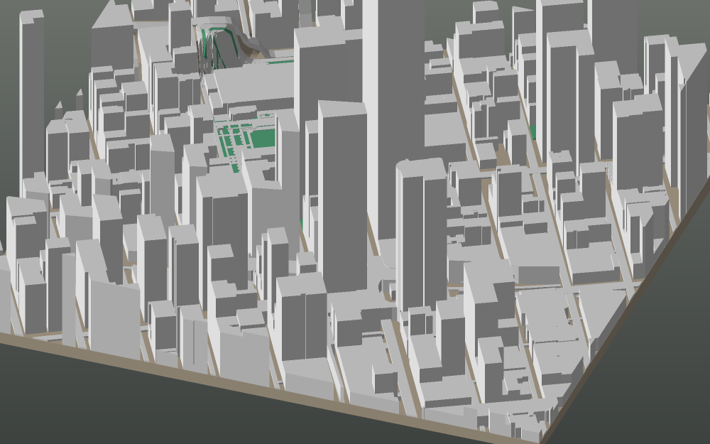 A 3D-printable model plate of New York — Midtown Manhattan — with its buildings, streets, water and terrain.