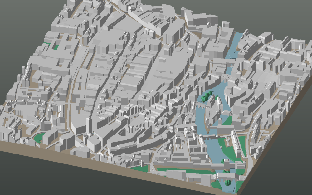 A 3D-printable model plate of Nuremberg — Altstadt — with its buildings, streets, water and terrain.