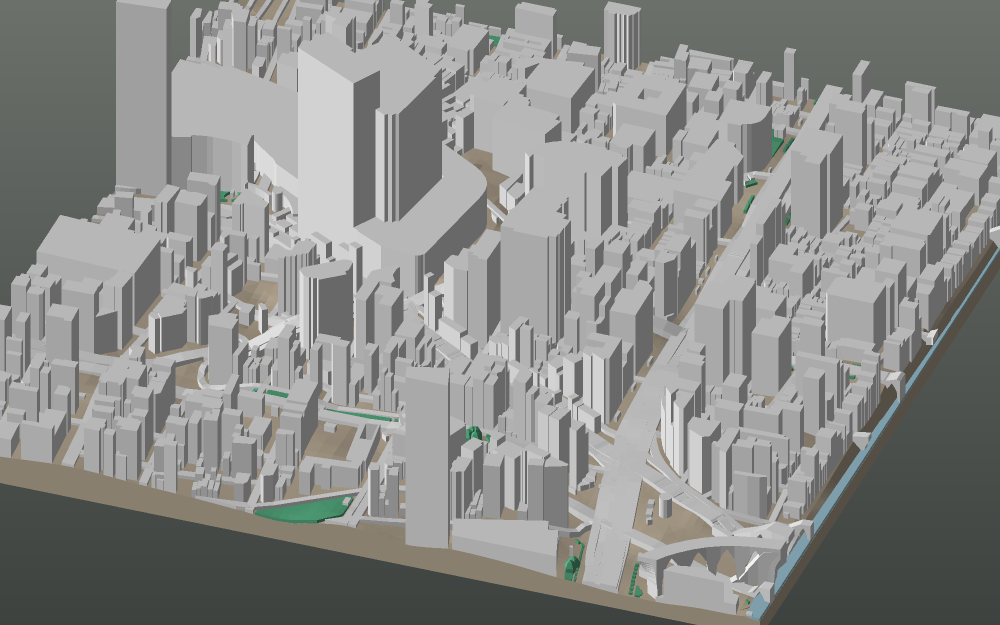 A 3D-printable model plate of Osaka — Namba — with its buildings, streets, water and terrain.