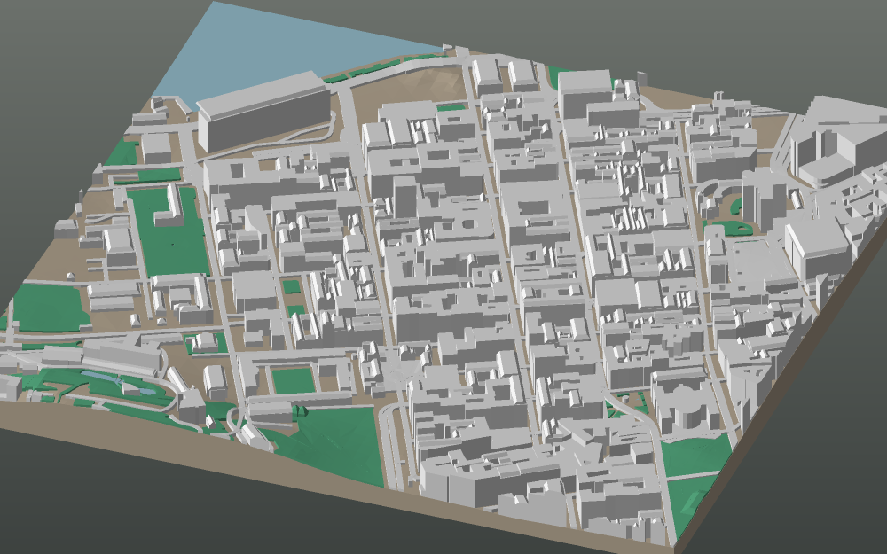 A 3D-printable model plate of Oslo — Sentrum — with its buildings, streets, water and terrain.
