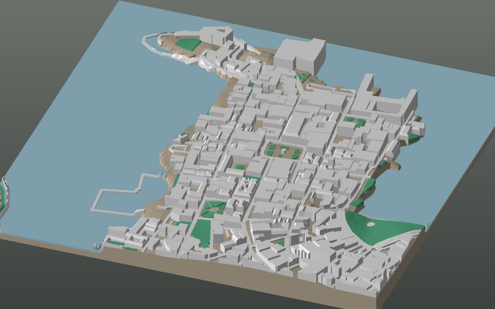A 3D-printable model plate of Panama City — Casco Viejo — with its buildings, streets, water and terrain.