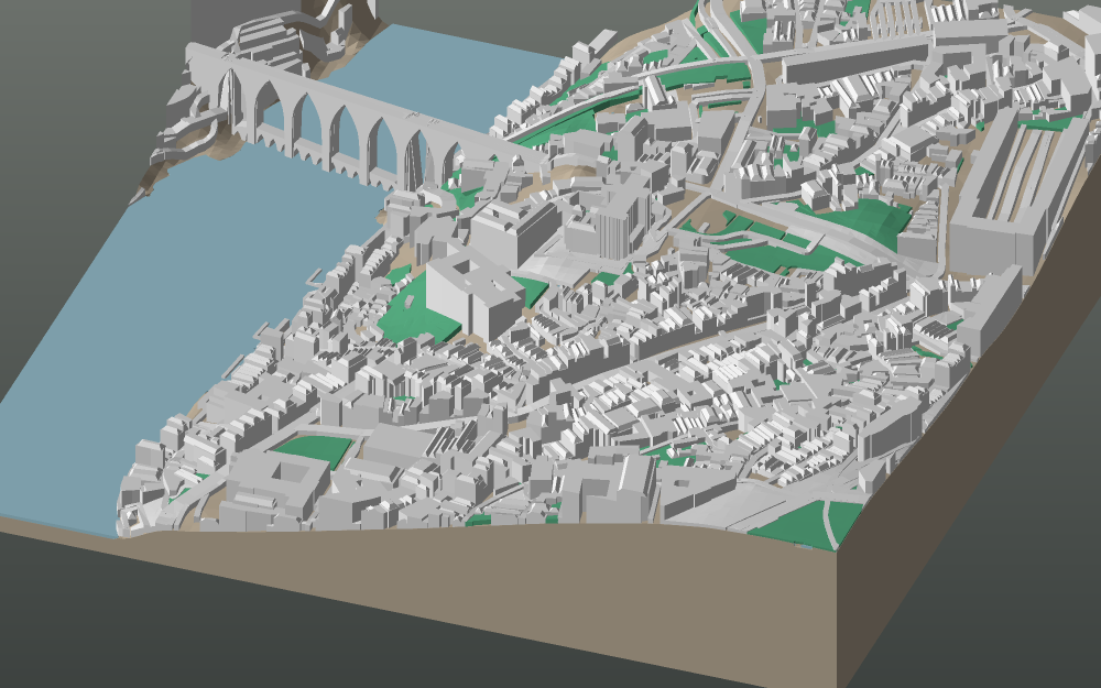 A 3D-printable model plate of Porto — Sé — with its buildings, streets, water and terrain.
