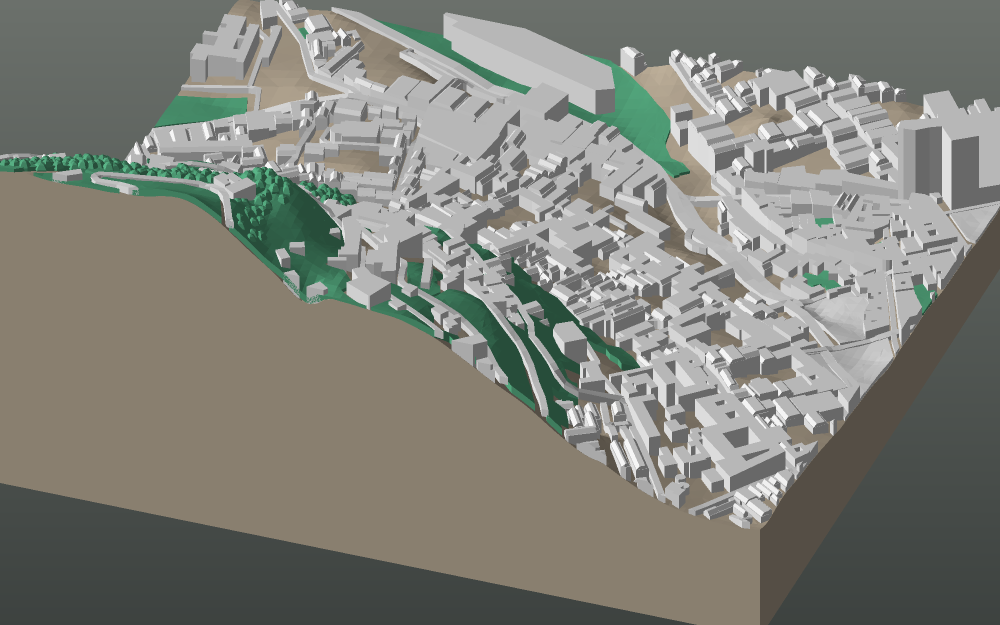 A 3D-printable model plate of Quito — Centro Histórico — with its buildings, streets, water and terrain.