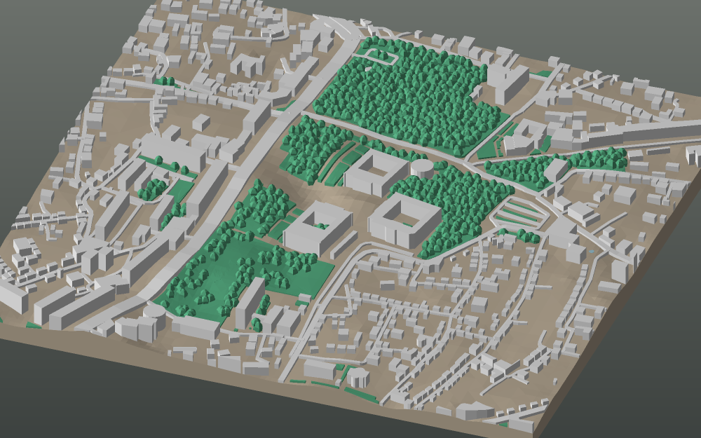 A 3D-printable model plate of Samarkand — the Registan — with its buildings, streets, water and terrain.