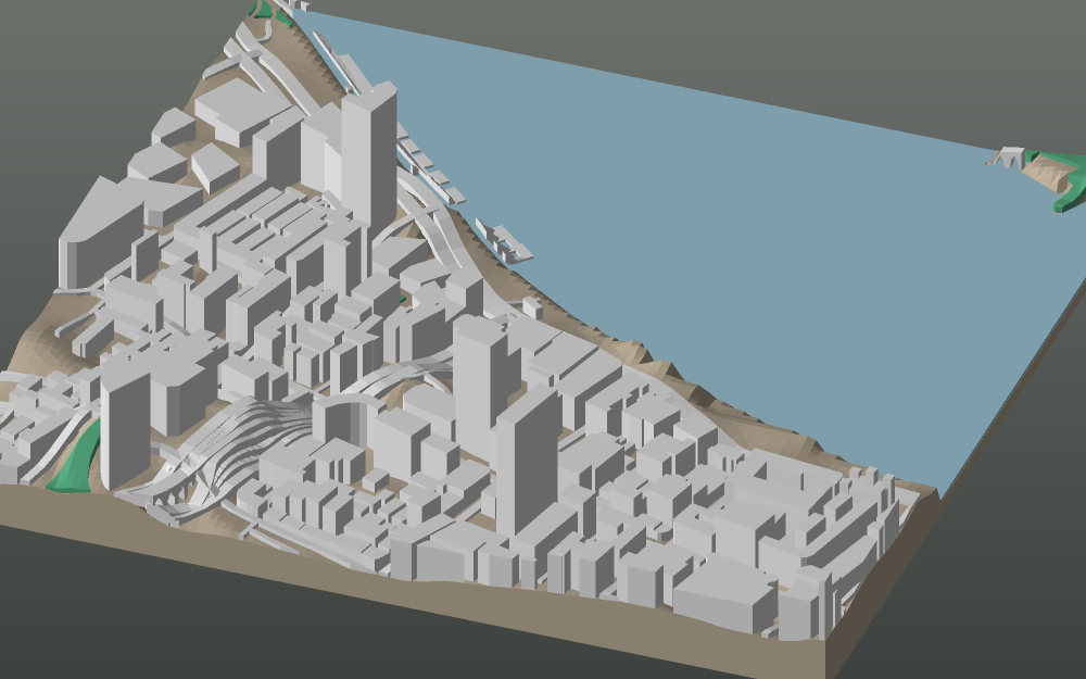 A 3D-printable model plate of Shanghai — the Bund — with its buildings, streets, water and terrain.