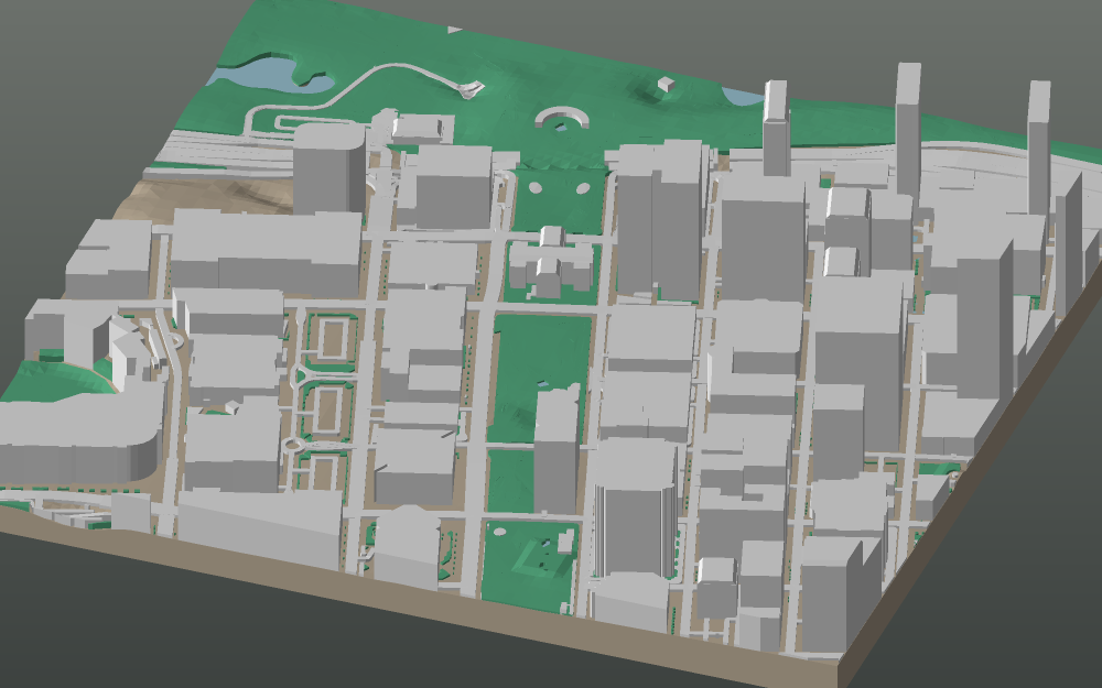 A 3D-printable model plate of St. Louis — Downtown — with its buildings, streets, water and terrain.
