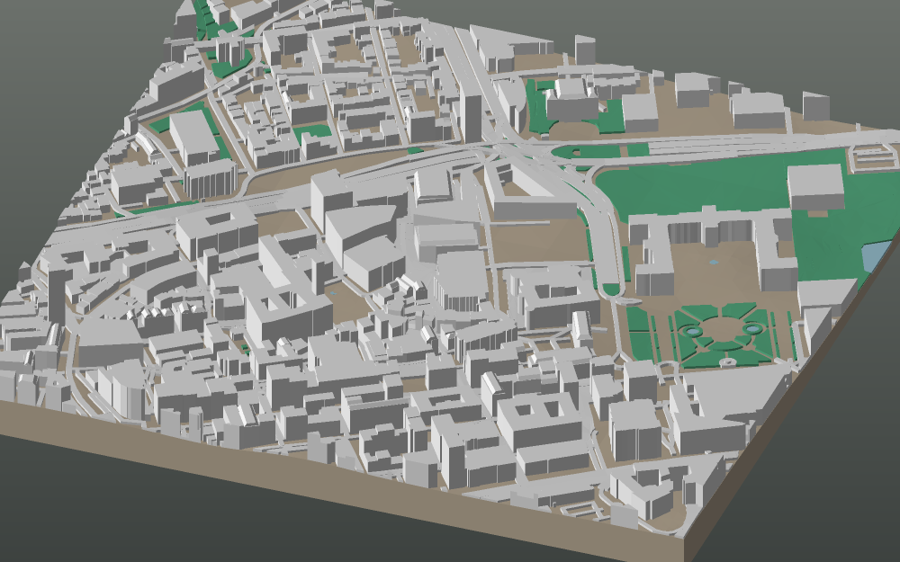 A 3D-printable model plate of Stuttgart — Mitte — with its buildings, streets, water and terrain.
