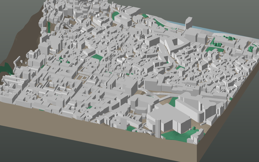 A 3D-printable model plate of Tbilisi — Old Town — with its buildings, streets, water and terrain.