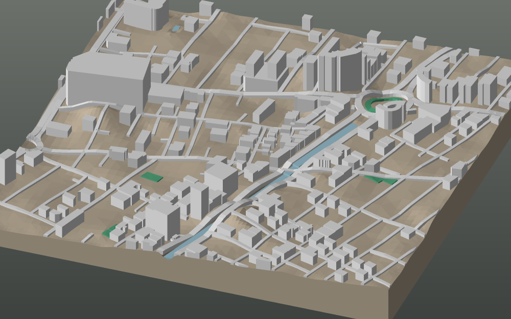 A 3D-printable model plate of Tehran — the city centre — with its buildings, streets, water and terrain.