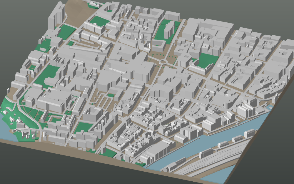 A 3D-printable model plate of Trondheim — Midtbyen — with its buildings, streets, water and terrain.