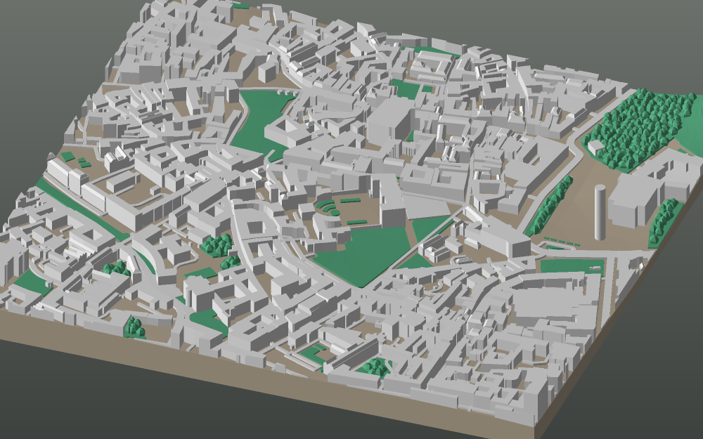 A 3D-printable model plate of Vilnius — Senamiestis — with its buildings, streets, water and terrain.