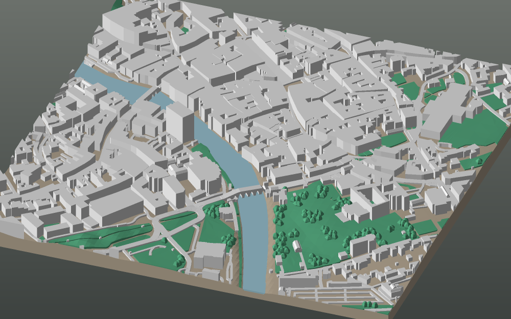A 3D-printable model plate of York — Guildhall — with its buildings, streets, water and terrain.